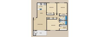 A floor plan of a house with labeled rooms such as kitchen, dining, and bedrooms.