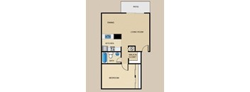 A floor plan of a house with a kitchen, living room, dining area, bathroom, and bedroom.