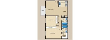 A floor plan of an apartment with a kitchen, living room, dining room, and three bedrooms.