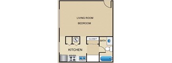 A floor plan of a small apartment with a kitchen, living room, and bedroom.