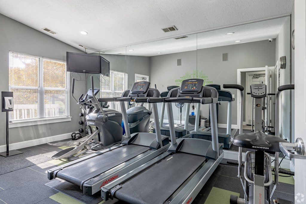 A gym with treadmills, elliptical machines, and a television.