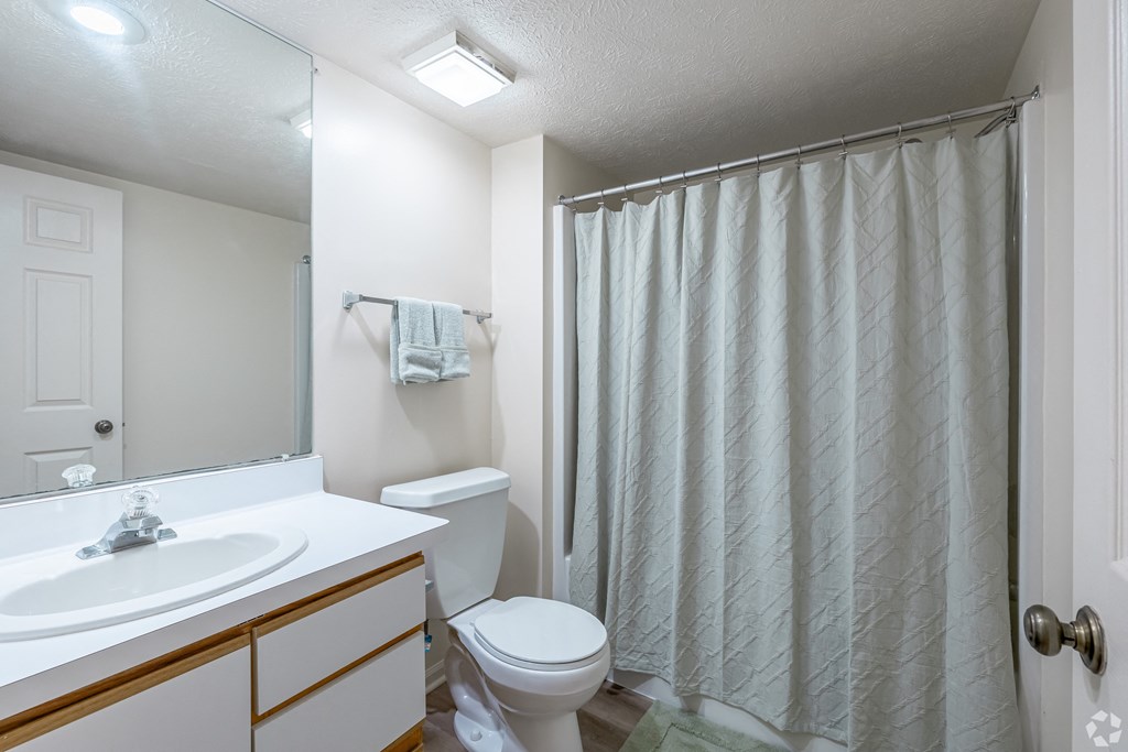 A white bathroom with a toilet, sink, and shower curtain.