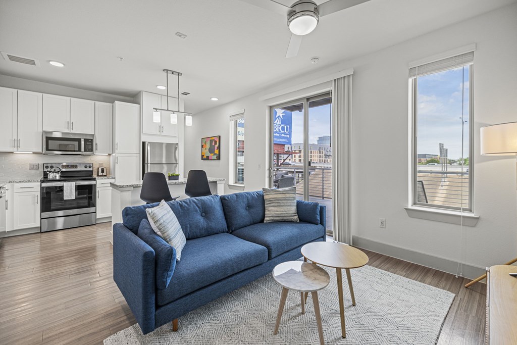 Living Room With Kitchen at Placemakr Downtown Austin, Texas, 78701