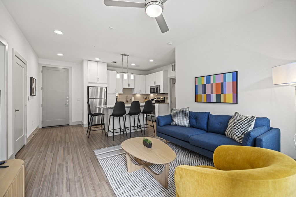 Living Room With Kitchen View at Placemakr Downtown Austin, Austin
