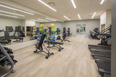 A gym with a variety of equipment including treadmills, weights, and exercise machines at The Pennsylvanian Apartments, Pittsburgh, 15222