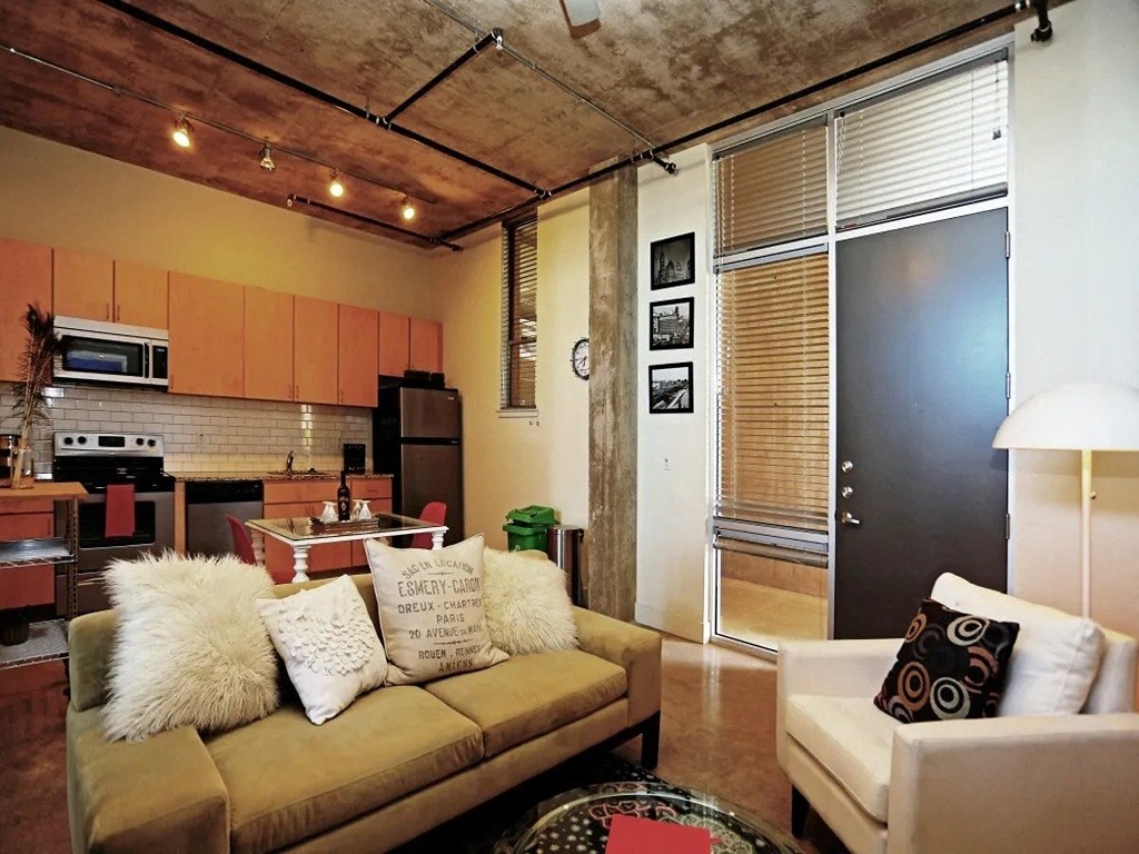 Living Room Come Kitchen View at 1221 Broadway Lofts, San Antonio, Texas