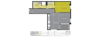 a floor plan of a small apartment with yellow and gray walls