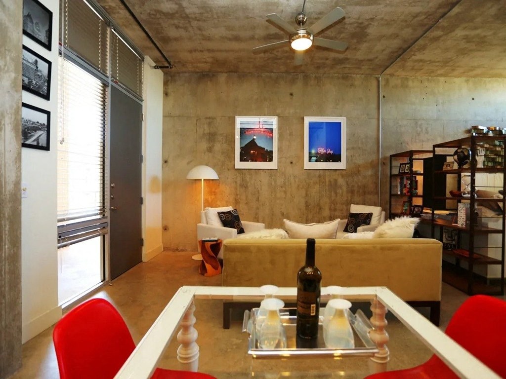 Trendy Living Room at 1221 Broadway Lofts, Texas