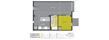 a floor plan of a tiny house with a bedroom and a bathroom