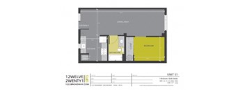 a floor plan of a studio apartment with a bedroom and a bathroom