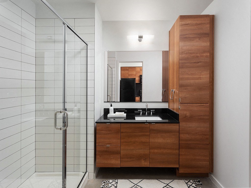 a bathroom with a sink and a shower and a mirror