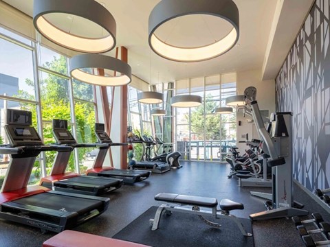Gym with treadmills, elliptical machines, and other exercise equipment at Astro, Seattle, WA, Washington