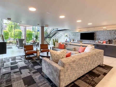 A living room with a grey couch and a black and white rug.
