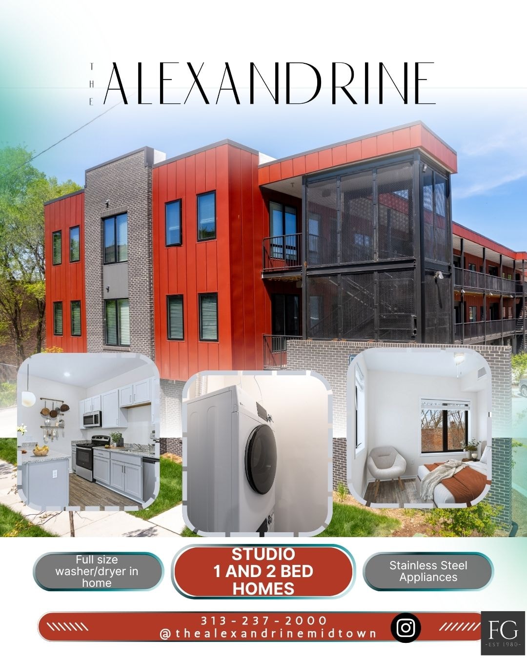 A poster advertising the Alexandrine studio and 1 and 2 bed homes with images of the interiors and exteriors.