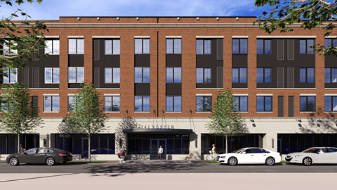 A rendering of a modern multi-story building with a parking lot in front.