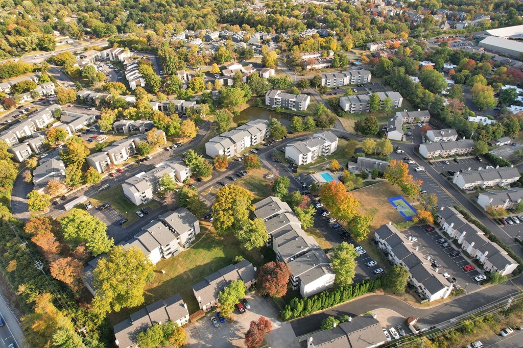 an aerial view of a neighborhood with houses and trees