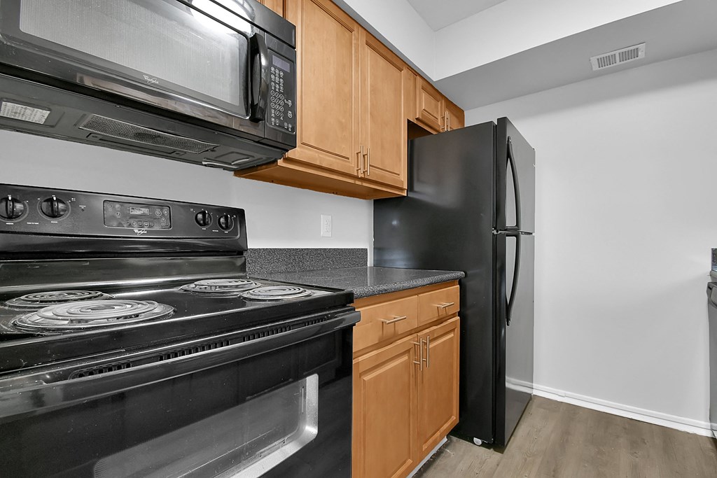 a kitchen with black appliances and wood cabinets and a black refrigerator