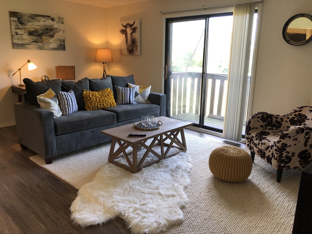 a living room with a couch and a chair and a sliding glass door