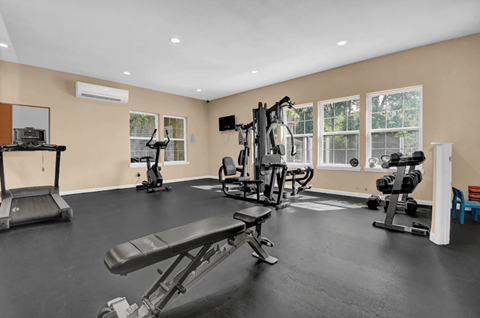 A spacious home gym with a variety of equipment including treadmills, weights, and exercise machines.
