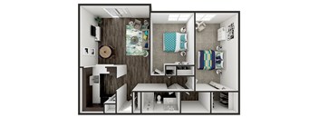 a bedroom with a bed and a desk in a small room