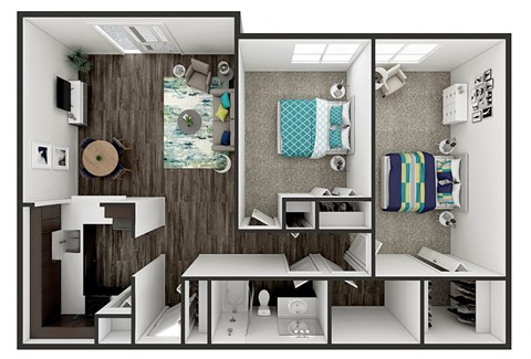 a bedroom with a bed and a desk in a small room