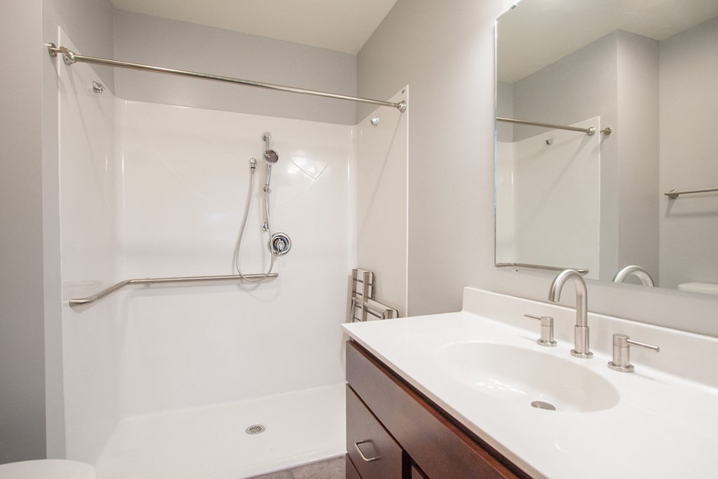 a bathroom with a sink and a shower and a mirror