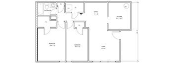 A floor plan of a house with a living room, dining room, kitchen, and three bedrooms.