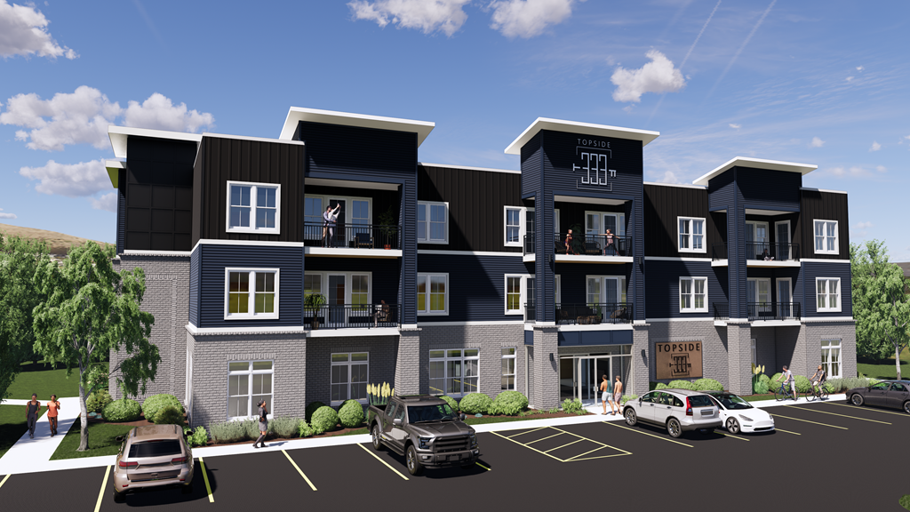 a rendering of a three story apartment building with cars parked in front of it