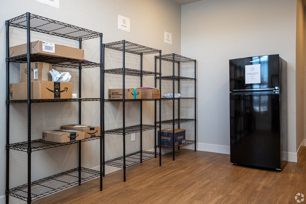 A room with shelving units and a black fridge.