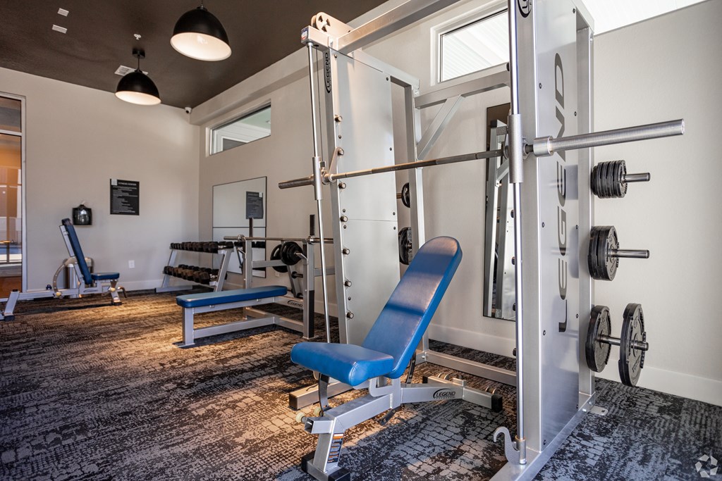 A home gym with a squat rack, bench, and weights.