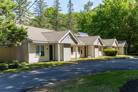 A row of houses with a driveway in front.