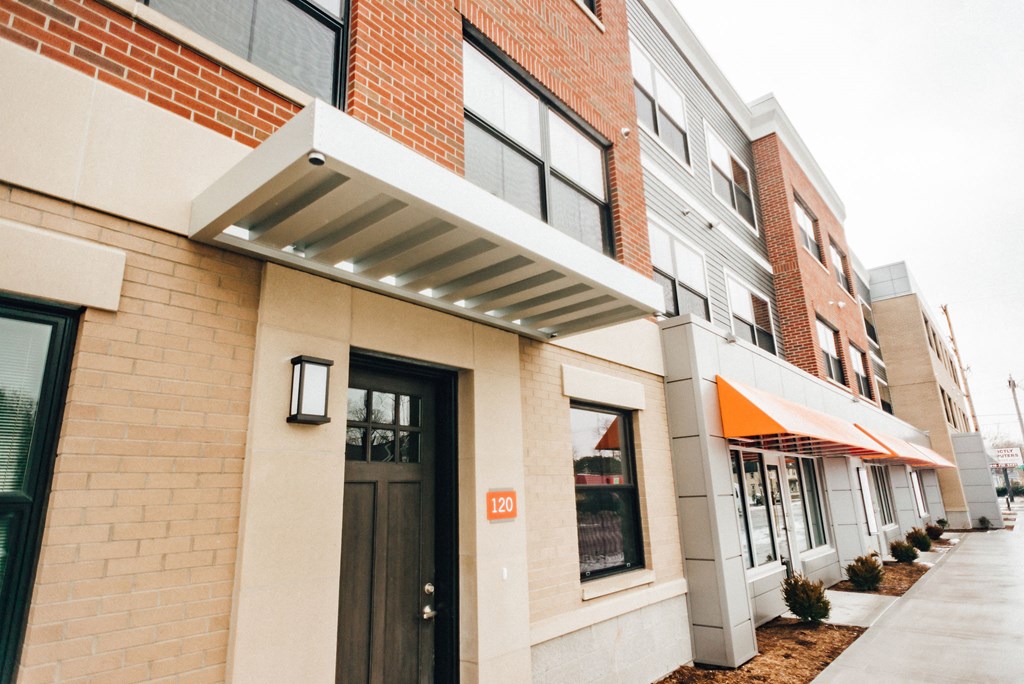 entrance to apartment brick building