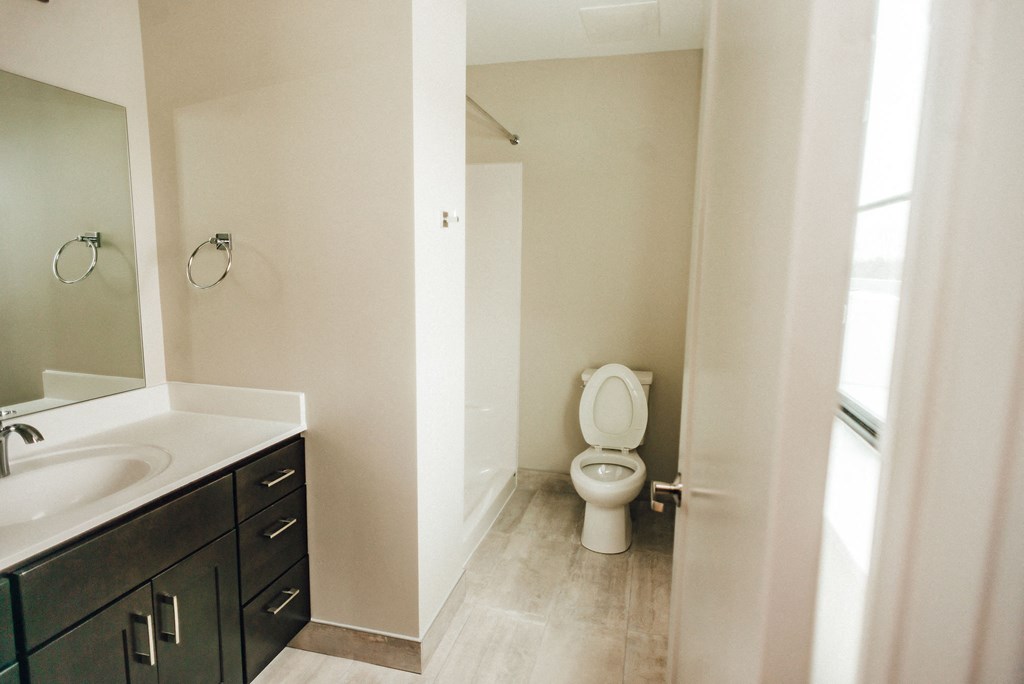 bathroom with dark vanity and white counter