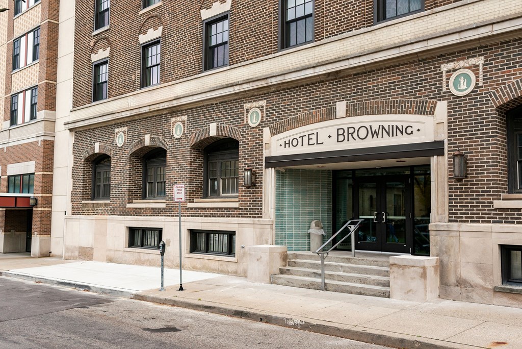 brick building hotel signage