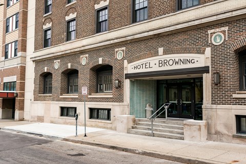 brick building hotel signage