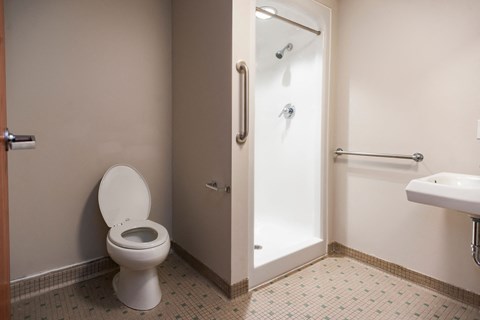bathroom standing shower and laminate floor