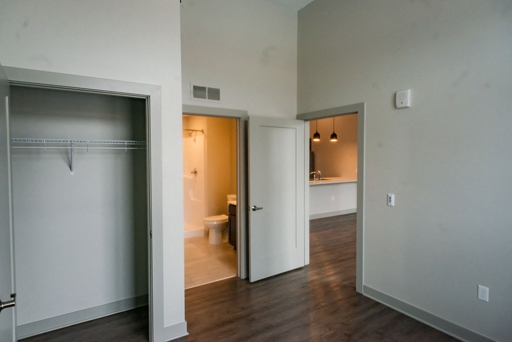 Bedroom with white walls downtown building