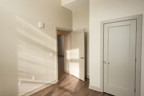 a bedroom with a door and a hallway to two closets