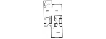 A floor plan of a small apartment with a bedroom, kitchen, and living room.