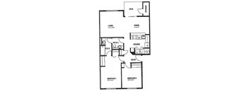 A floor plan of a house with two bedrooms, a living room, a dining room, a kitchen, two bathrooms, and a deck.