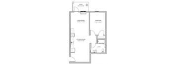 A floor plan of a small apartment with a living room, bedroom, kitchen, and bathroom.