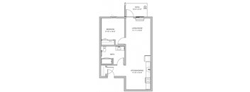 A floor plan of a small apartment with a bedroom, living room, kitchen/dining area, and bathroom.