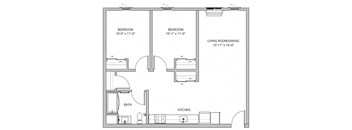 A floor plan of a small apartment with two bedrooms, a living room/dining area, a kitchen, and a bathroom.