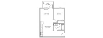 A floor plan of a small apartment with a living room, bedroom, kitchen/dining area, and bathroom.