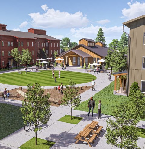 A group of people are walking around a courtyard with a picnic table and a building in the background.
