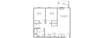 A floor plan of a house with two bedrooms, a living room, a kitchen, a bathroom, and a patio.