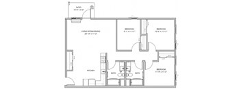 A floor plan of a house with a living room, two bedrooms, a kitchen, and a bathroom.