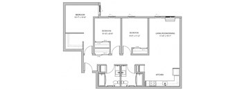 A floor plan of a house with four bedrooms and a kitchen.
