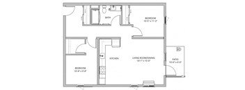 A floor plan of a small apartment with a living room, kitchen, and two bedrooms.