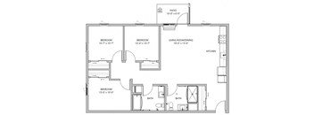A floor plan of a house with a living room, two bedrooms, a bathroom, and a kitchen.